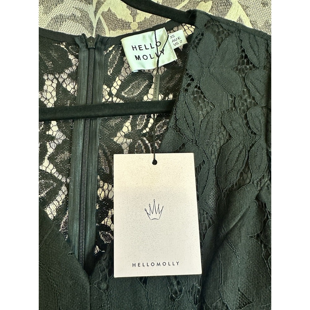 BNWT Hello Molly Size 2 Black Laced V Neck 3/4 Sleeve Asymmetrical Midi Dress